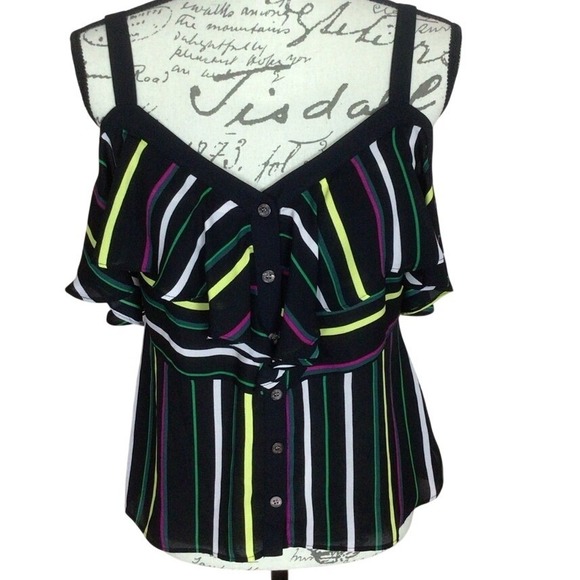 Vince Camuto Tops - SALE‎ Vince Camuto Womens Off Shoulder Flutter Sleeves Black Multi Striped Top